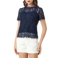 thumbnail image 1 of MODA NOVA Junior's Scalloped Trim Short Shirred Sleeves Sheer Floral Lace Blouse Navy Blue L, 1 of 6