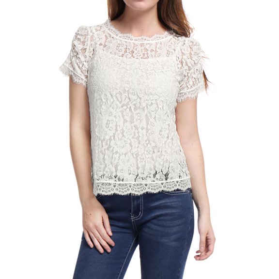 MODA NOVA Junior's Scalloped Trim Short Shirred Sleeves Sheer Floral Lace Blouse White XS
