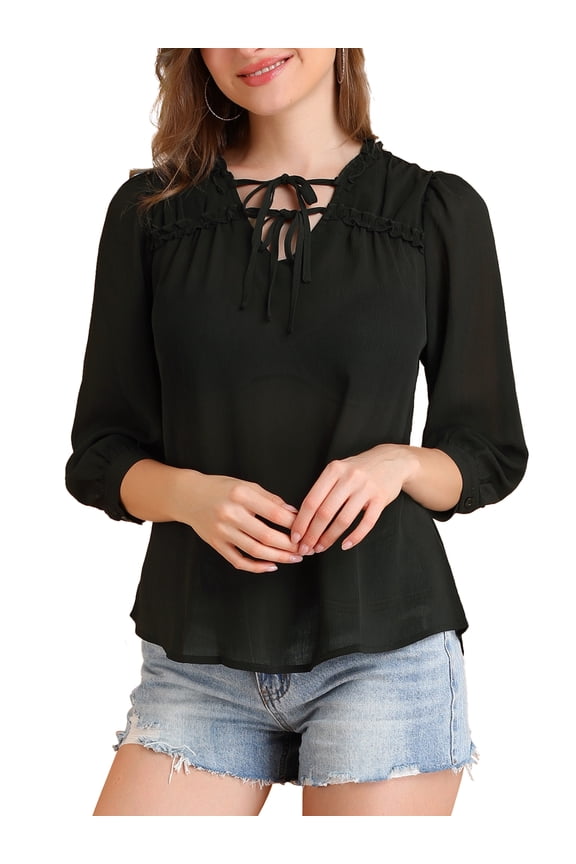 Junior's Semi-Sheer Tie Neck Puff Sleeve Ruffle Blouse Black L