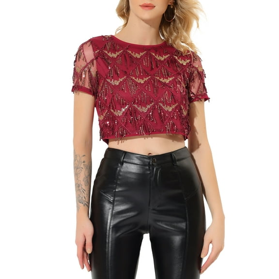 MODA NOVA Junior's Sequin Shiny Crop Top Short Sleeves Tassel T-Shirt