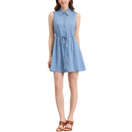 MODA NOVA Junior's Sleeveless Button Up Pleated Drawstring Waist Shirt Dress