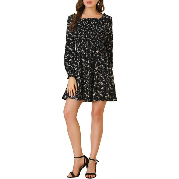 MODA NOVA Junior's Smocked Square Neck Long Sleeve Floral Dress