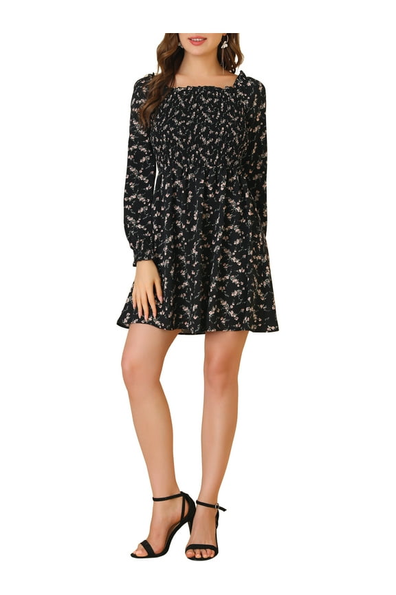 Junior's Smocked Square Neck Long Sleeve Floral Dress