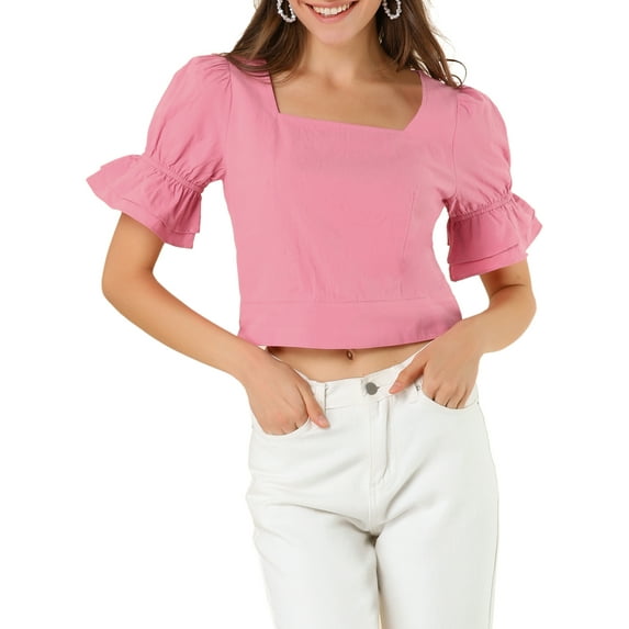 MODA NOVA Junior's Solid Color Square Neck Puff Short Sleeve Blouse Pink L