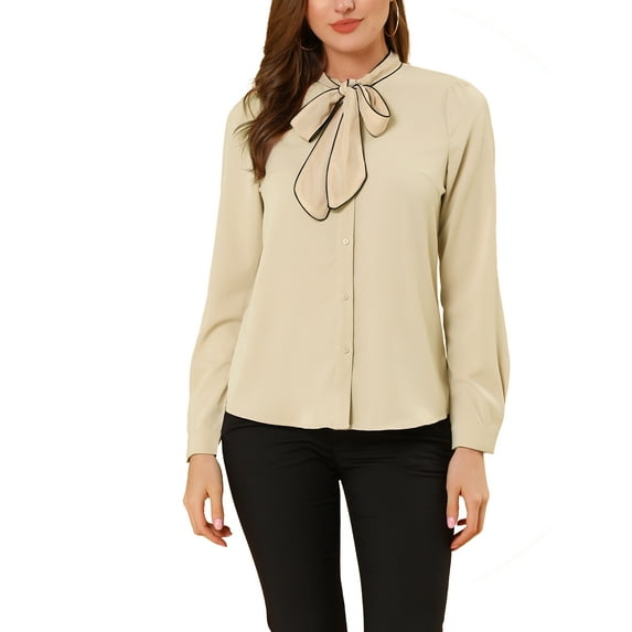 MODA NOVA Junior's Solid Color Tie Neck Button Down Long Sleeves Shirt Apricot XXL