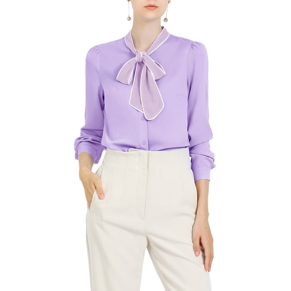 MODA NOVA Junior's Solid Color Tie Neck Button Down Long Sleeves Shirt Light Purple S