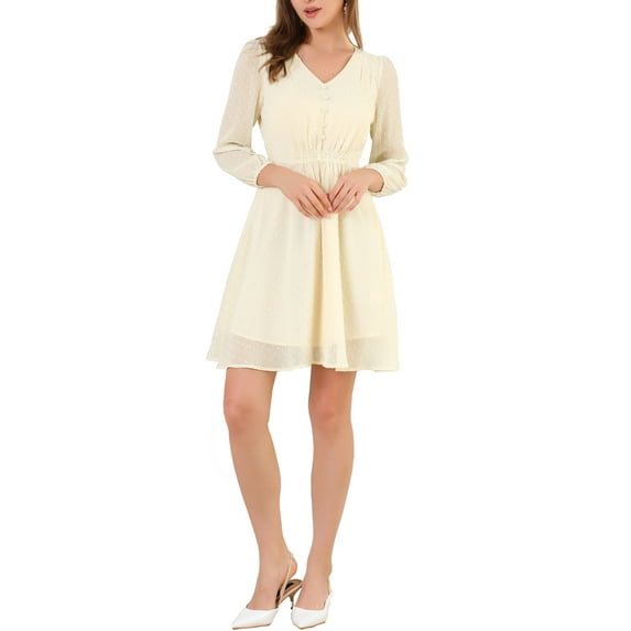 MODA NOVA Junior's Solid Color V Neck 3/4 Sleeve A-Line Casual Dress Beige S
