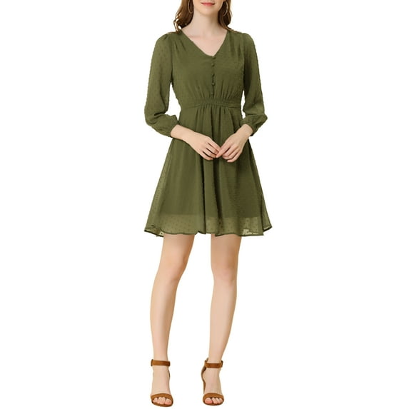 MODA NOVA Junior's Solid Color V Neck 3/4 Sleeve A-Line Casual Dress