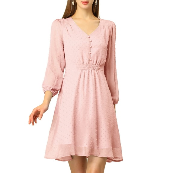 MODA NOVA Junior's Solid Color V Neck 3/4 Sleeve A-Line Casual Dress