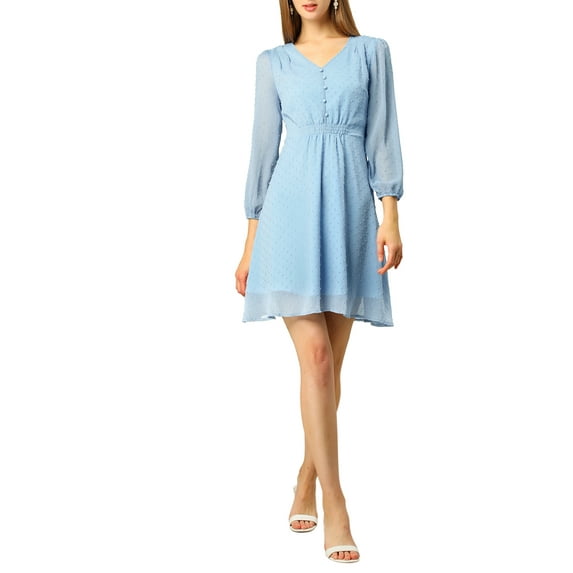 MODA NOVA Junior's Solid Color V Neck 3/4 Sleeve A-Line Casual Dress