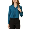 thumbnail image 1 of MODA NOVA Junior's Solid Long Sleeve Pleated Tie Neck Shirt Peacock Blue S, 1 of 7