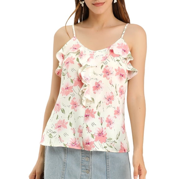 MODA NOVA Junior's Spaghetti Strap Sweet Ruffle Floral Cami Tops White L