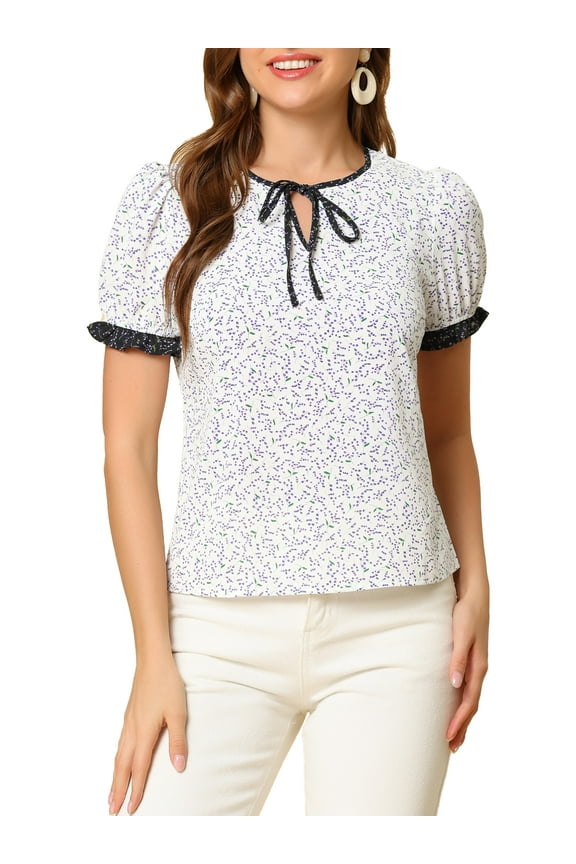 Junior's Spring Summer Tie V Neck Short Sleeve Floral Blouse