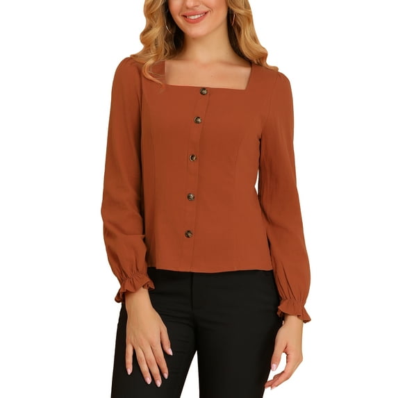 MODA NOVA Junior's Square Neck Elegant Blouse Long Puff Sleeves Tops Caramel S