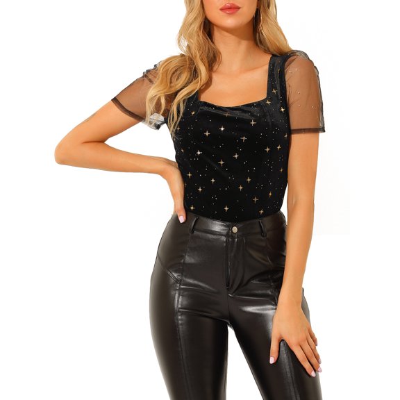 MODA NOVA Junior's Square Neck Glitter Star Pattern Velvet Top