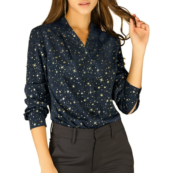 MODA NOVA Junior's Stand Collar Long Sleeve Metallic Dots Stars Blouse Dark Blue 2XL