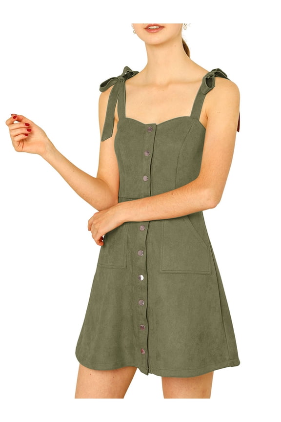 Junior's Strap Button Down Faux Suede a-Line Mini Overall Dress