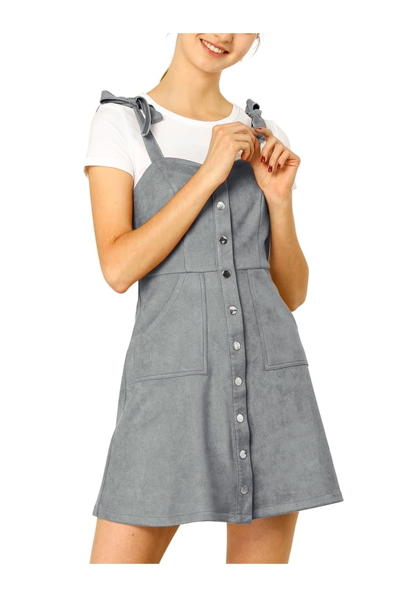Junior's Strap Button Down Faux Suede a-Line Mini Overall Dress