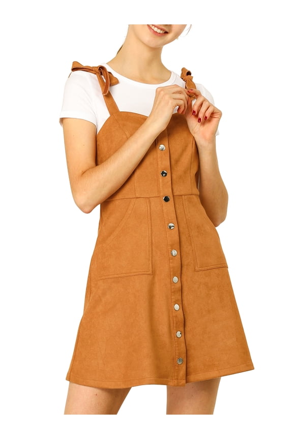 Junior's Strap Button Down Faux Suede a-Line Mini Overall Dress
