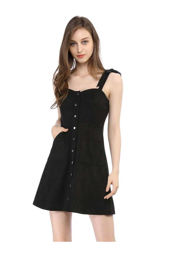 Junior's Strap Button Down Faux Suede a-Line Mini Overall Dress