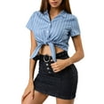 thumbnail image 1 of MODA NOVA Junior's Striped Button Up Short Sleeve Tie Front Crop Shirt Blue M, 1 of 7