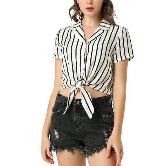 MODA NOVA Junior's Striped Button Up Short Sleeve Tie Front Crop Shirt White M