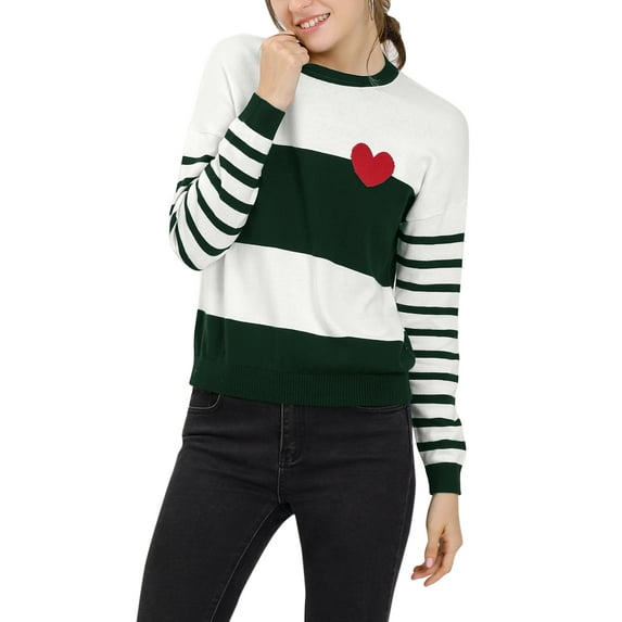 MODA NOVA Junior's Striped Color Block Crew Neck Knitted Sweater Beige Green M