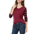 thumbnail image 1 of MODA NOVA Junior's Striped Raglan Long Sleeves V Neck Tee Shirt Black-Red 2XL, 1 of 5