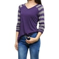thumbnail image 1 of MODA NOVA Junior's Striped Raglan Long Sleeves V Neck Tee Shirt Purple S, 1 of 6
