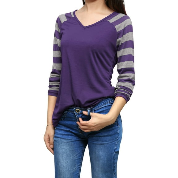 MODA NOVA Junior's Striped Raglan Long Sleeves V Neck Tee Shirt Purple XL