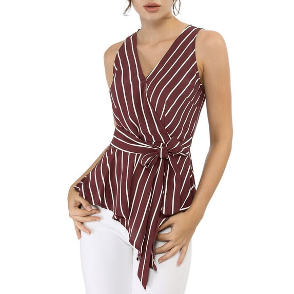 MODA NOVA Junior's Striped Sleeveless V Neck Wrap Tie Waist Top