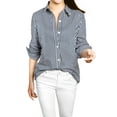 thumbnail image 1 of MODA NOVA Junior's Stripes Button Down Roll-up Long Sleeves Point Collar Shirt Dark Blue S, 1 of 2