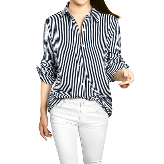 MODA NOVA Junior's Stripes Button Down Roll-up Long Sleeves Point Collar Shirt Dark Blue S