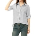 thumbnail image 1 of MODA NOVA Junior's Stripes Button Down Roll-up Long Sleeves Point Collar Shirt Gray M, 1 of 4