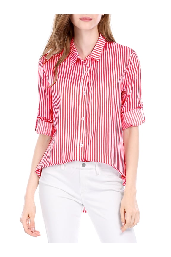 Junior's Stripes Button Down Roll-up Long Sleeves Point Collar Shirt Red L