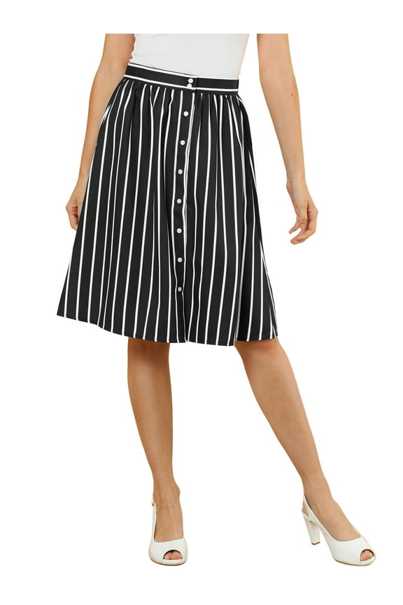 Junior's Stripes Button Front Elastic Back A Line Midi Skirt L Black