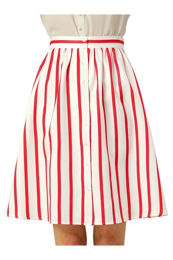 Junior's Stripes Button Front Elastic Back A Line Midi Skirt S Red