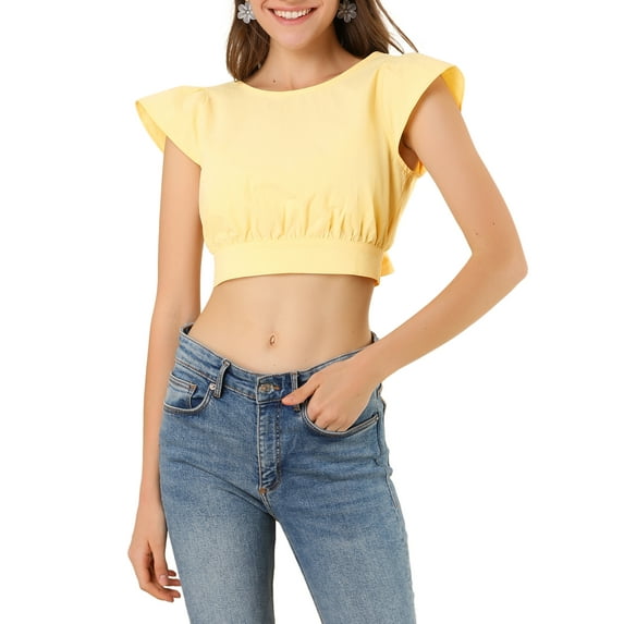 MODA NOVA Junior's Summer Ruched Tie Front Causal Flare Sleeve V Neck Crop Top Yellow L