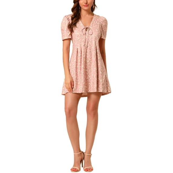 MODA NOVA Junior's Sundress V Neck Puff Sleeve Floral Short Mini Dress