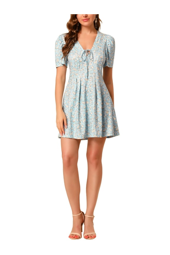 Junior's Sundress V Neck Puff Sleeve Floral Short Mini Dress