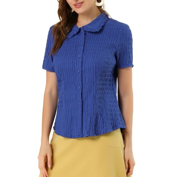 MODA NOVA Junior's Sweet Peter Pan Collar Button Down Blouse Navy Blue XL