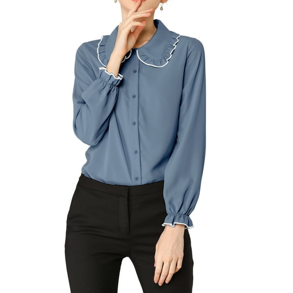 MODA NOVA Junior's Sweet Ruffle Peter Pan Collar Button Up Shirt Dusty Blue S