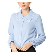 MODA NOVA Junior's Sweet Ruffle Peter Pan Collar Button Up Shirt Light Blue M