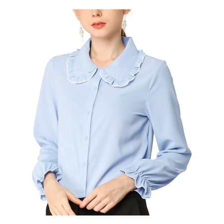 MODA NOVA Junior's Sweet Ruffle Peter Pan Collar Button Up Shirt Light Blue M