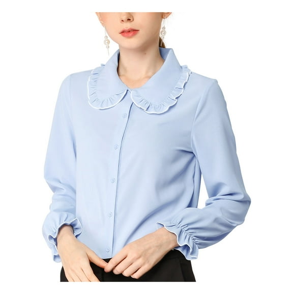 MODA NOVA Junior's Sweet Ruffle Peter Pan Collar Button Up Shirt Light Blue M