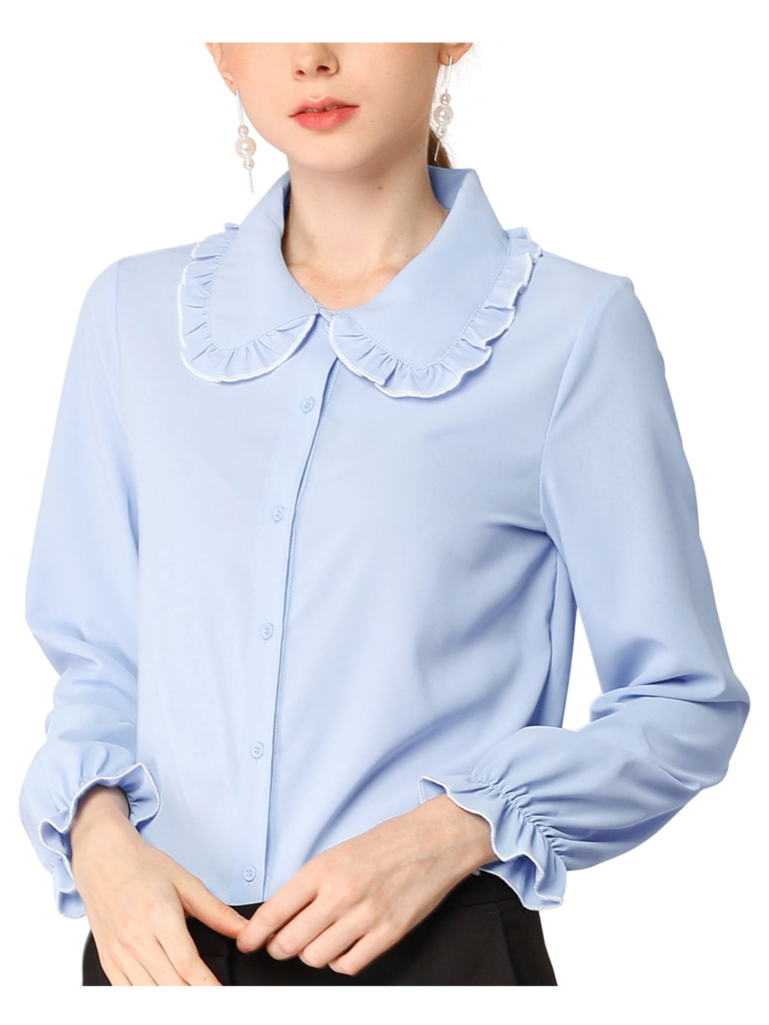 MODA NOVA Junior's Sweet Ruffle Peter Pan Collar Button Up MODA NOVA Junior's Sweet Ruffle Peter Pan Collar Button Up