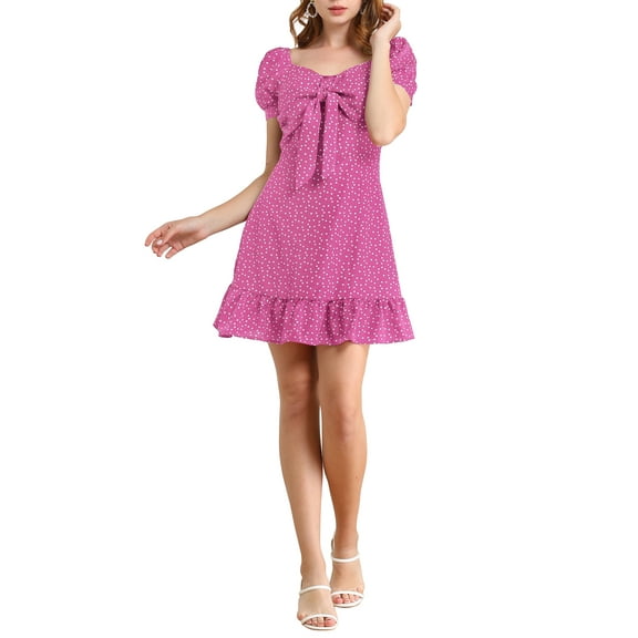 MODA NOVA Junior's Sweetheart Neck Bow Tie Front Ruffle Hem Mini a Line Dress