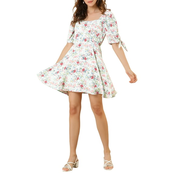 MODA NOVA Junior's Sweetheart Neck Floral Puff Sleeve A-Line Mini Dress