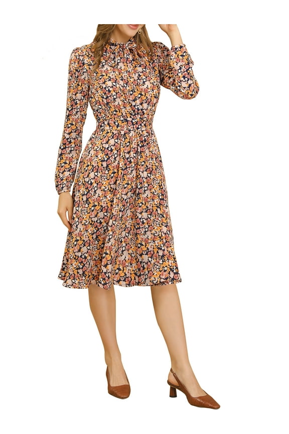 Junior's Tie Neck Chiffon Long Sleeves Floral Belted Midi Dress