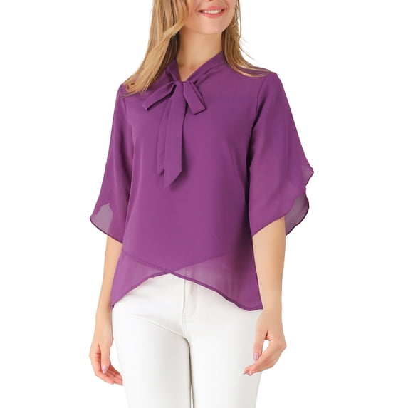 MODA NOVA Junior's Tie Neck Loose Asymmetrical Hem Chiffon Blouse Purple M